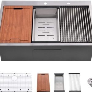 Stainless Steel 30 in 2-Hole Single Bowl Drop-In Workstation Kitchen Sink with Bottom Grid and Basket Strainer