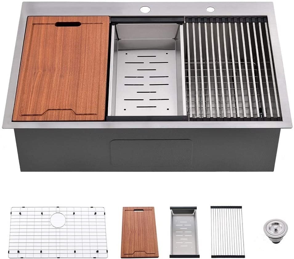 Stainless Steel 30 in 2-Hole Single Bowl Drop-In Workstation Kitchen Sink with Bottom Grid and Basket Strainer - Image 3